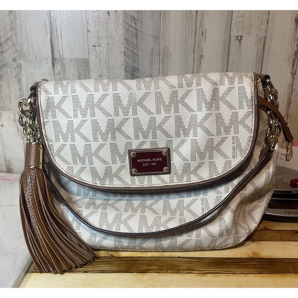 Michael Kors Collection Handbags - Michael Kors Handbag With Tassel Cream/Brown Gold Hardware PVC Body With Leather